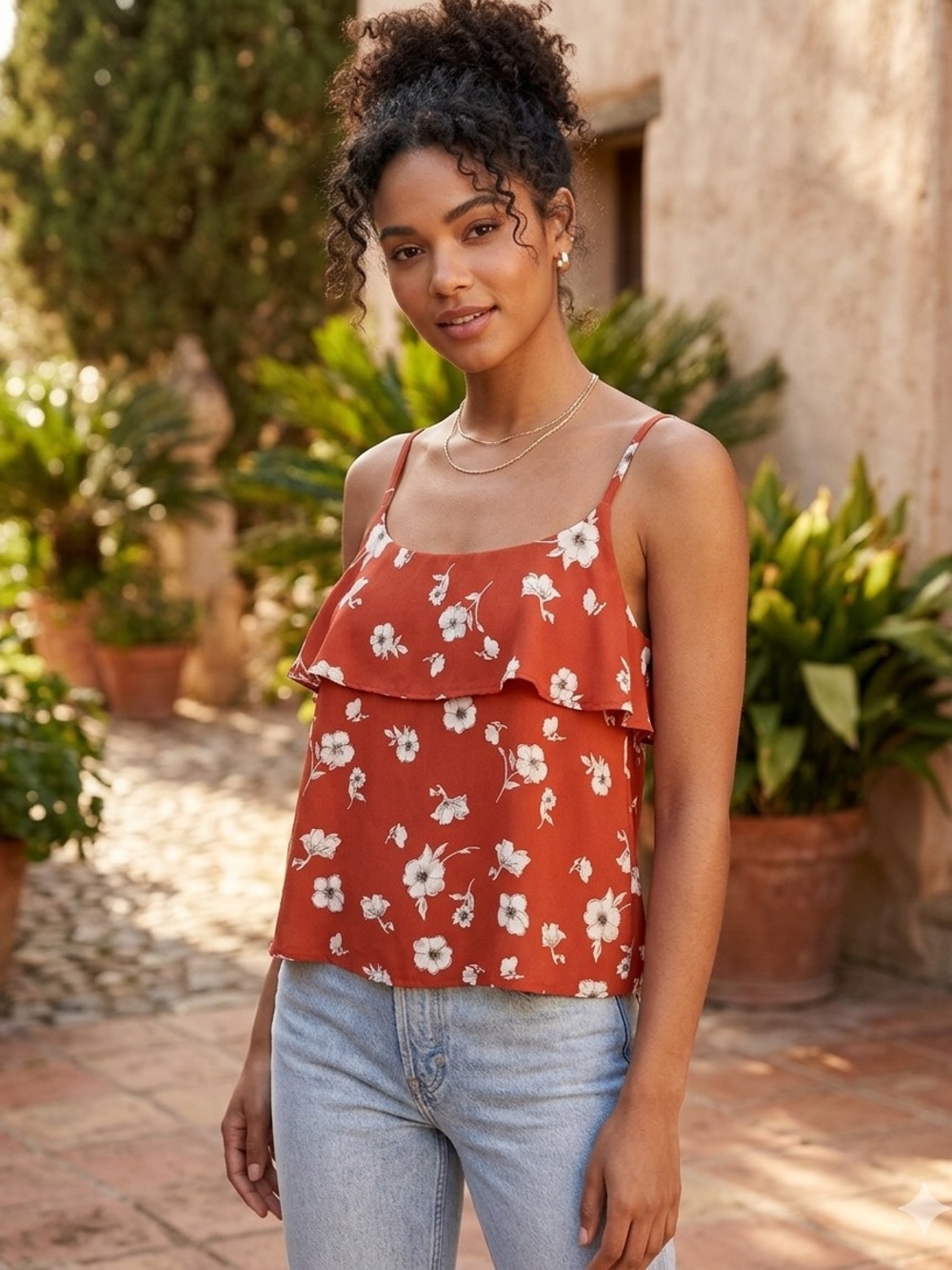 Rust Floral Ruffle Cami with Adjustable Straps